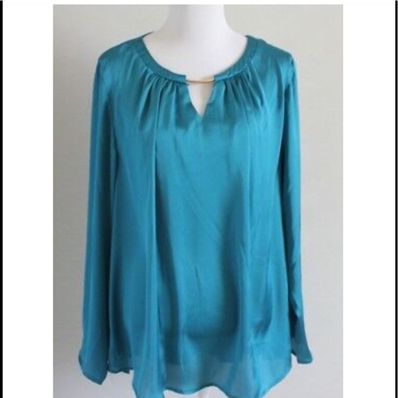 Investments Tops - Investments Teal satin blouse gold bar detail